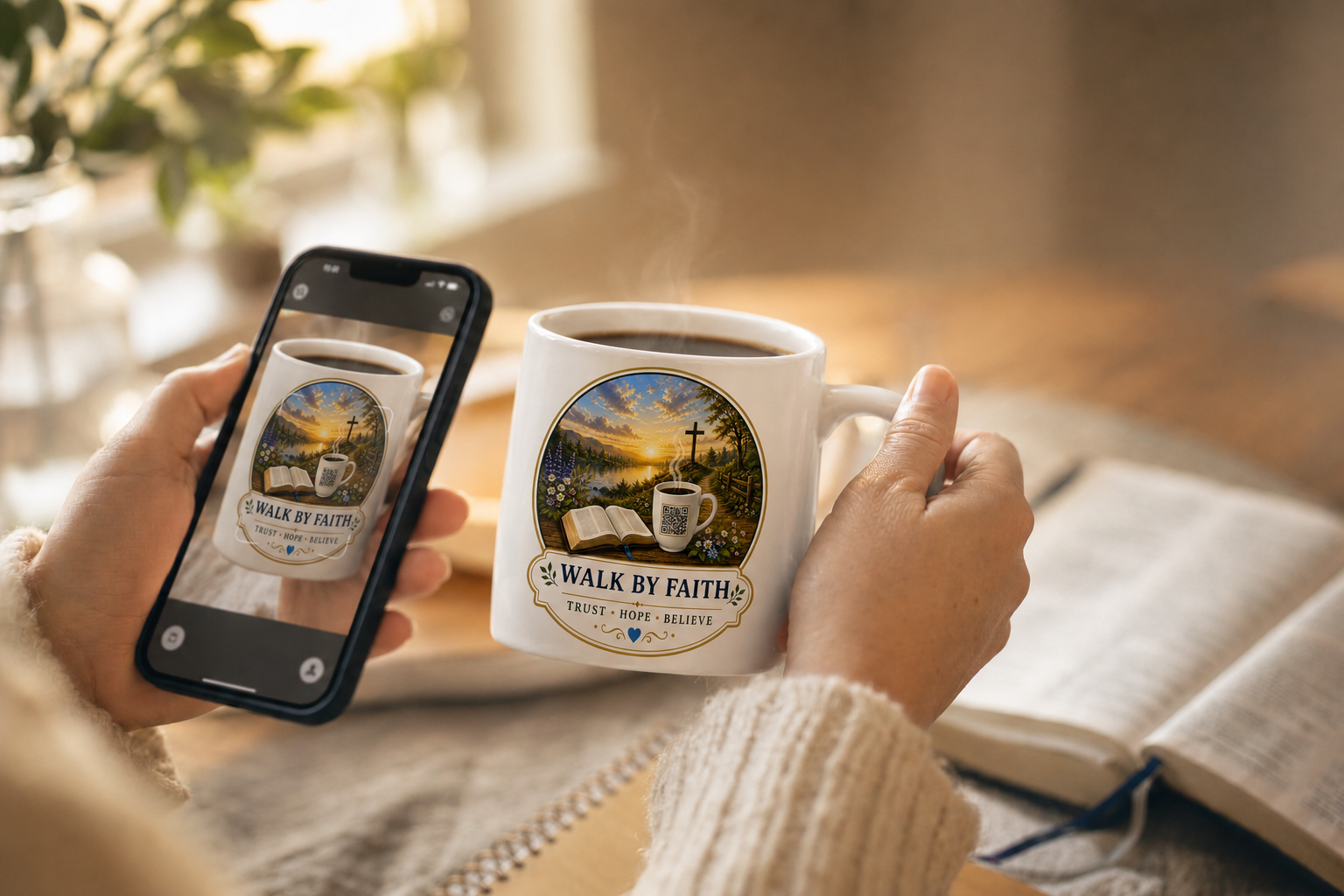 Walk By Faith mug with live scannable QR code